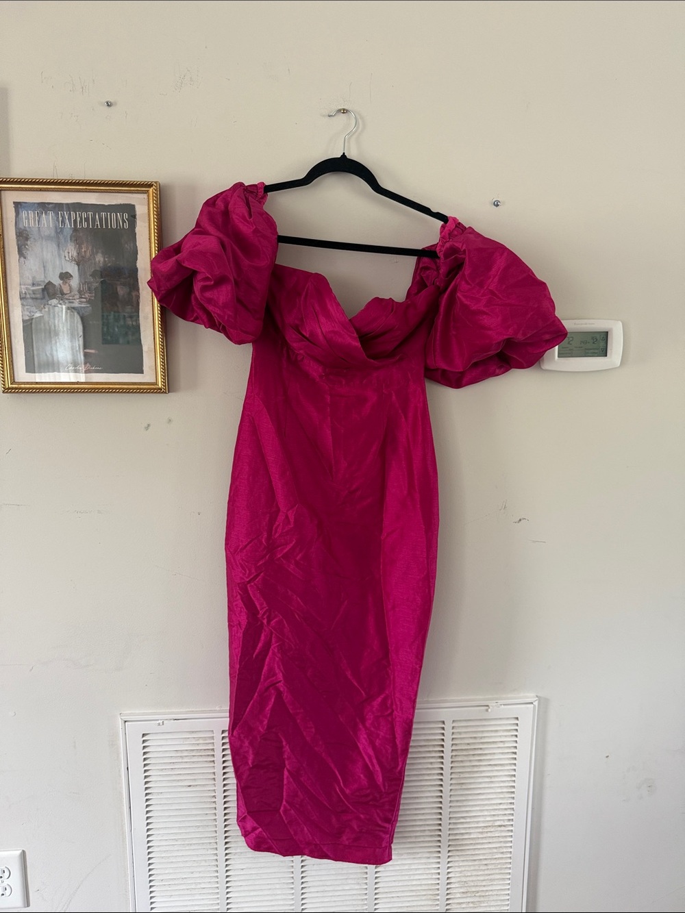 One-Shoulder Fuchsia Puff-Sleeve Midi Dress